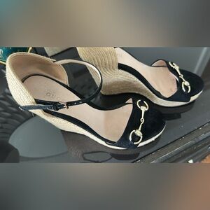 Gucci Black and Gold Wedge Sandals